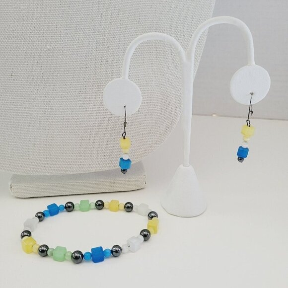 3 Piece Set Mosaic Magnetic 22" Necklace Bracelet Earrings Glass Toggle Beaded - Picture 3 of 9